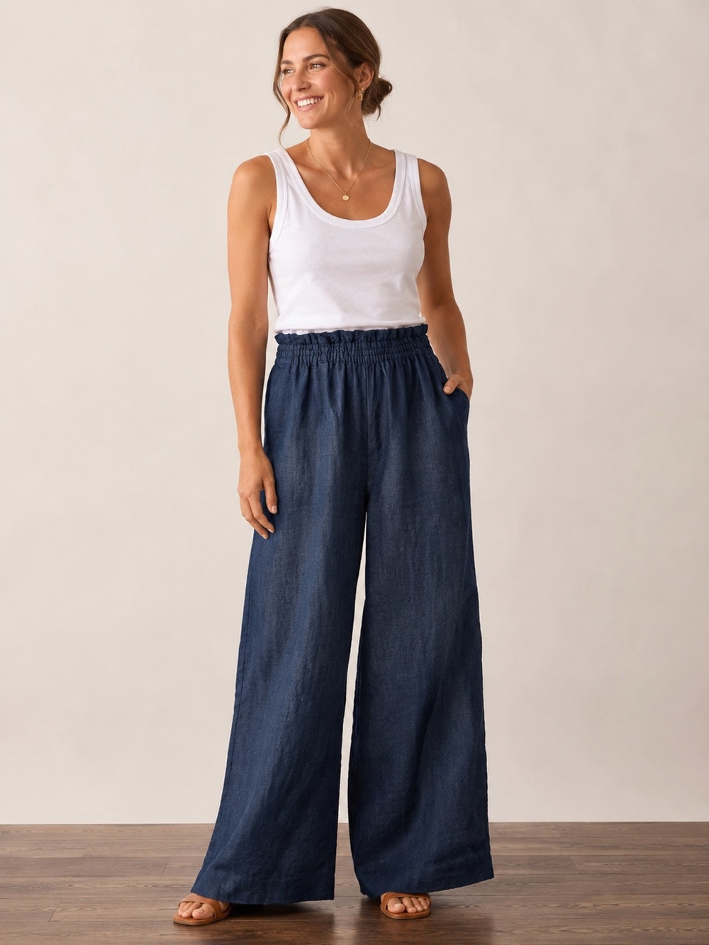 Ann Mashburn 100% Linen Navy Wide Leg Pull-On Pants